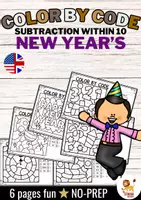 Voorbeeld - Color by code - Subtraction within 10 (New Year's) | Wiskunde Nieuwjaar Engels - Voorblad
