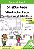 Vorschau - Arbeitsblätter - Direkte Rede & Wörtliche Rede Arbeitsblätter, Übungen & Aufsatztraining ab Klasse 3 - Deckblatt