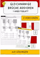 Vorschau - Arbeitsblätter - Gleichnamige Brüche addieren (Addition von gleichnamigen Brüchen) - Arbeitsblatt mit Lösungen - Deckblatt