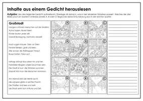 Vorschau - Arbeitsblätter - Lyrik (Jahrgang 5/6). Inhalte aus einem Gedicht herauslesen. Übung I (Stadtgedicht) - Seite 1