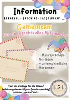 Vorschau - Lehrpläne/Lehrermaterial - Brief - Vorlage (editierbar) Karneval / Fasching in der Schule - gemeinsam für ein respektvolles Miteinander - Information für die Erziehungsberechtigten / Eltern - Mehrsprachige Vorlage für respektvolle Kostümwahl - Deckblatt