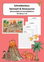 Vorschau - Arbeitsblätter - Schreibanlass: Steinzeit & Dinosaurier (Wimmelbild mit Schreibblättern für Klasse 1-4) - Deckblatt
