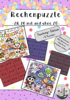 Vorschau - Stationenlernen - Klasse 1: Rechenpuzzles ZR 20 Addition mit und ohne ZÜ. Fasching. Rechenspiel. Mathespiel. Plus. - Deckblatt