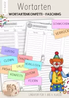 Vorschau - Arbeitsblätter - Wortarten Fasching / Karneval - Wortartenkonfetti: Nomen, Verben, Adjektive bestimmen | Deutsch Grundschule | 2. Klasse Deutsch | 3. Klasse Deutsch | Lernspiel | Arbeitsblatt - Deckblatt