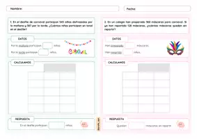 Vista previa - Hojas de trabajo - Problemas ABN Carnaval ("+", "-" y "x") de 2 y 3 cifras. - Portada