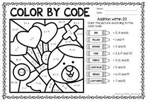 Vorschau - Arbeitsblätter - Color by code - Addition within 20 (Valentine's Day) - Seite 1