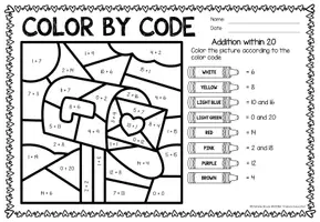 Vorschau - Arbeitsblätter - Color by code - Addition within 20 (Valentine's Day) - Seite 2