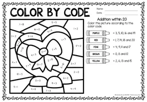 Vorschau - Arbeitsblätter - Color by code - Addition within 20 (Valentine's Day) - Seite 3
