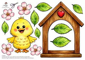 Vorschau - Mal- und Bastelvorlagen - Vogelhaus mit Blüten basteln Farbvorlage Fensterbild Frühling - Seite 2