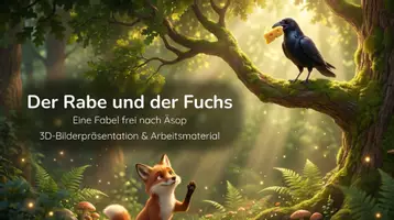 Vorschau - Arbeitsblätter - Der Rabe und der Fuchs – Fabel – Lesetext, 3D‑Präsentation & Arbeitsblatt - Deckblatt