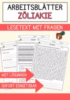 Vorschau - Arbeitsblätter - Zöliakie Lesetext mit Richtig Falsch Multiple Choice und Offenen Fragen - Deckblatt