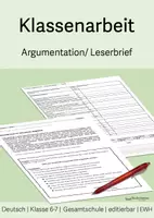 Vorschau - Klassenarbeiten - Klassenarbeit mit EWH (editierbar, Nr.1) "Argumentation/Leserbrief schreiben", Klasse 6-7 Gesamtschule - Deckblatt