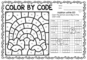 Προεπισκόπηση - Φύλλα εργασίας - Color by code - Addition within 100 (St. Patrick's Day) | Αγίου Πατρικίου Πρόσθεση Μαθηματικά Αγγλικά - Σελίδα 1