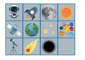 Vorschau - Spiele - Finde die Paare / merke es dir / Zwillings-Spiel Lesespiel Weltall / Weltraum / Planeten / Astronauten (auch für DaZ geeignet) - Seite 1