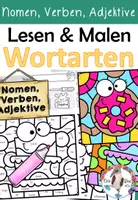 Vorschau - Mal- und Bastelvorlagen - Wortarten - Lesen & Malen - Artikel, Nomen, Verben, Adjektive - Deckblatt