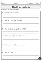 Vorschau - Arbeitsblätter - Das Urteil des Paris Lesen und Verstehen Arbeitsblätter mit Lesetext, Fragen - Seite 2