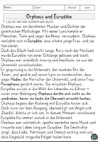 Vorschau - Arbeitsblätter - Griechische Sagen - Orpheus und Eurydike Lesen und Verstehen Arbeitsblätter mit Lesetext, Fragen - Seite 1