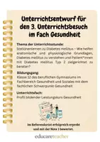 Vorschau - Stundenentwürfe - Unterrichtsentwurf zu Diabetes mellitus – Note 1 - Deckblatt