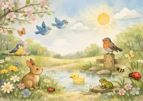 Vorschau - Arbeitsblätter - Die Vogelhochzeit – Kamishibai Frühling für Kindergarten & Kita | 8 A3 Bildkarten | Naturgeschichte | inkl. Rollenspiel – sofort einsetzbar - Seite 1