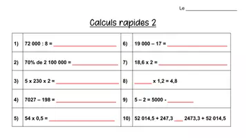 Aperçu - Feuilles d'exercices - Fiches de calcul mental évolutives bis - Page 1