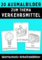 Vorschau - Mal- und Bastelvorlagen - 20 Ausmalbilder zum Thema Verkehrsmittel – Wortschatz Arbeitsblätter - Deckblatt