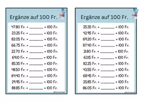 Vorschau - Arbeitsblätter - Ergänze auf 100 Franken und ergänze 1000 Franken - Seite 1