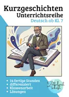 Vorschau - Stundenentwürfe - Kurzgeschichten Unterrichtsreihe mit Wolfgang Borchert (Klasse 7-9): „Ratten“, „Das Brot“, „Küchenuhr“ – Analyse, Charakterisierung, Tagebucheintrag & Grammatik (Satzgefüge/Kommas), Klassenarbeit, Lösungen - Deckblatt
