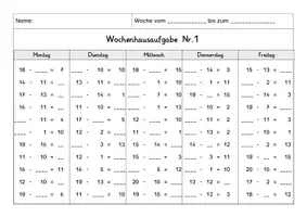 Vorschau - Arbeitsblätter - Wochenhausaufgabe Mathematik, 1. Klasse, Minus im ZR20 oÜ - Seite 1