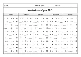 Vorschau - Arbeitsblätter - Wochenhausaufgabe Mathematik, 1.Klasse, Plus im ZR20 mÜ - Seite 2