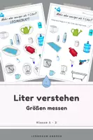 Vorschau - Arbeitsblätter - Liter verstehen – Mehr oder weniger als 1 Liter? | Größen messen | Mathe Arbeitsblatt - Deckblatt