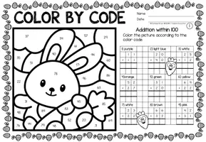 anteprima - Esercizi - Color by code - Addition within 100 (Easter) | Pasqua Aggiunta Matematica Inglese - Pagina 1
