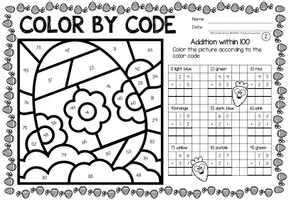 Voorbeeld - Color by code - Addition within 100 (Easter) | Pasen Wiskunde Engels - Pagina 3