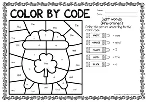 anteprima - Esercizi - Color by code - Sight words Pre-Primer (St. Patrick's Day) | San Patrizio Inglese - Pagina 1