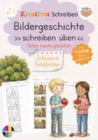 Vorschau - Arbeitsblätter - Bildergeschichte schreiben üben: Teilen macht glücklich - Deckblatt