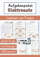 Vorschau - Arbeitsblätter - Elektroauto Lesetext einfach verständlich mit Aufgaben + Lösungen und Wortspeicher Leseverstehen - Deckblatt