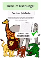 Vorschau - Arbeitsblätter - Tiere im Dschungel, Suchsel, einfach, Wortgitter, Buchstabensalat, Buchstabengitter, Wortsuchrätsel, Wortsuche, Worträtsel, Wortsuchsel, Wörtersuche, Suchrätsel - Seite 1