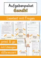 Vorschau - Arbeitsblätter - Gandhi Lesetext einfach verständlich mit Aufgaben + Lösungen und Wortspeicher Leseverstehen - Deckblatt