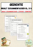 Vorschau - Stundenentwürfe - Gedichte verstehen & zusammenfassen – Arbeitsblätter zur Gedichtanalyse (Strophe, Reimform, Inhalt) Klasse 5/6 - Deckblatt