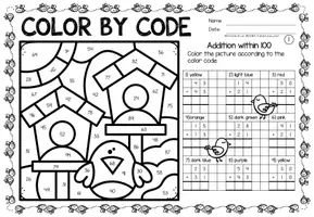 Voorbeeld - Color by code - Addition within 100 (Spring) Lente Wiskunde Engels - Pagina 1