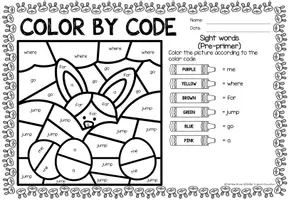 Vista previa - Hojas de trabajo - Color by code - Sight words Pre-Primer (Easter) | Pascua de Resurrección Inglés - página 3