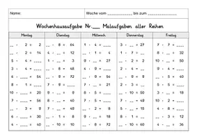 Vorschau - Arbeitsblätter - Wochenhausaufgabe Mathe, 3.Klasse, Mal-undGeteiltaufgaben aller Reihen - Seite 1