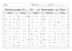 Vorschau - Arbeitsblätter - Wochenhausaufgabe Mathe, 3.Klasse, Mal-undGeteiltaufgaben aller Reihen - Seite 3