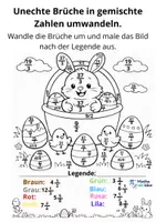 Vorschau - Arbeitsblätter - Brüche Klasse 5 – Unechte Brüche in gemischte Zahlen – Mathe Malblatt – Ostern - Seite 1