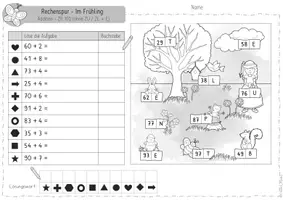 Vorschau - Arbeitsblätter - Mathe Klasse 2 – Rechenspur Frühling ZR 100 | Addition, Subtraktion & gemischte Aufgaben bis 100 mit und ohne Übergang | Mathe Grundschule 2. Klasse | differenziert - Seite 1