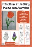 Vorschau - Spiele - Frühblüher im Frühling - Puzzle zum Ausmalen (Tulpe, Hyazinthe, Schneeglöckchen, Krokus, Leberblümchen, Veilchen, Löwenzahn, Windröschen) - Seite 1