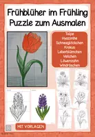 Vorschau - Spiele - Frühblüher im Frühling - Puzzle zum Ausmalen (Tulpe, Hyazinthe, Schneeglöckchen, Krokus, Leberblümchen, Veilchen, Löwenzahn, Windröschen) - Deckblatt