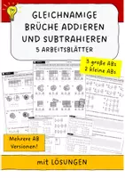 Vorschau - Arbeitsblätter - Gleichnamige Brüche addieren und subtrahieren - 5 Arbeitsblätter mit Lösungen - Deckblatt