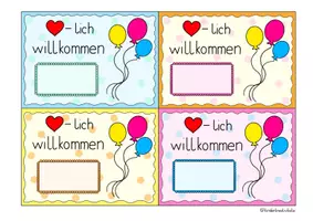Vorschau - Mal- und Bastelvorlagen - ❤️lich Willkommen - Bunte Kärtchen zur Begrüßung 🎈 - Seite 1