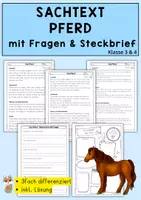 Vorschau - Arbeitsblätter - Sachtext Pferd, Leseverständnis, differenziert mit Fragen & Steckbrief, Deutsch Klasse 3 & 4 - Deckblatt