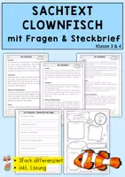 Vorschau - Arbeitsblätter - Sachtext Clownfisch, Leseverständnis, differenziert mit Fragen & Steckbrief, Deutsch Klasse 3 & 4 - Deckblatt